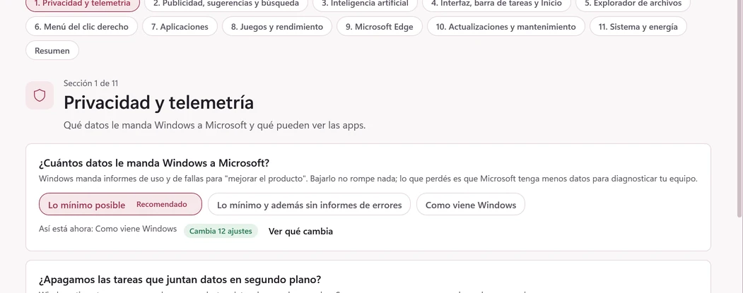 El asistente: secciones con preguntas y lo recomendado ya elegido