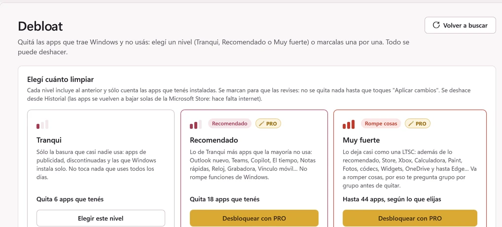 La página Debloat con los niveles Tranqui, Recomendado y Muy fuerte